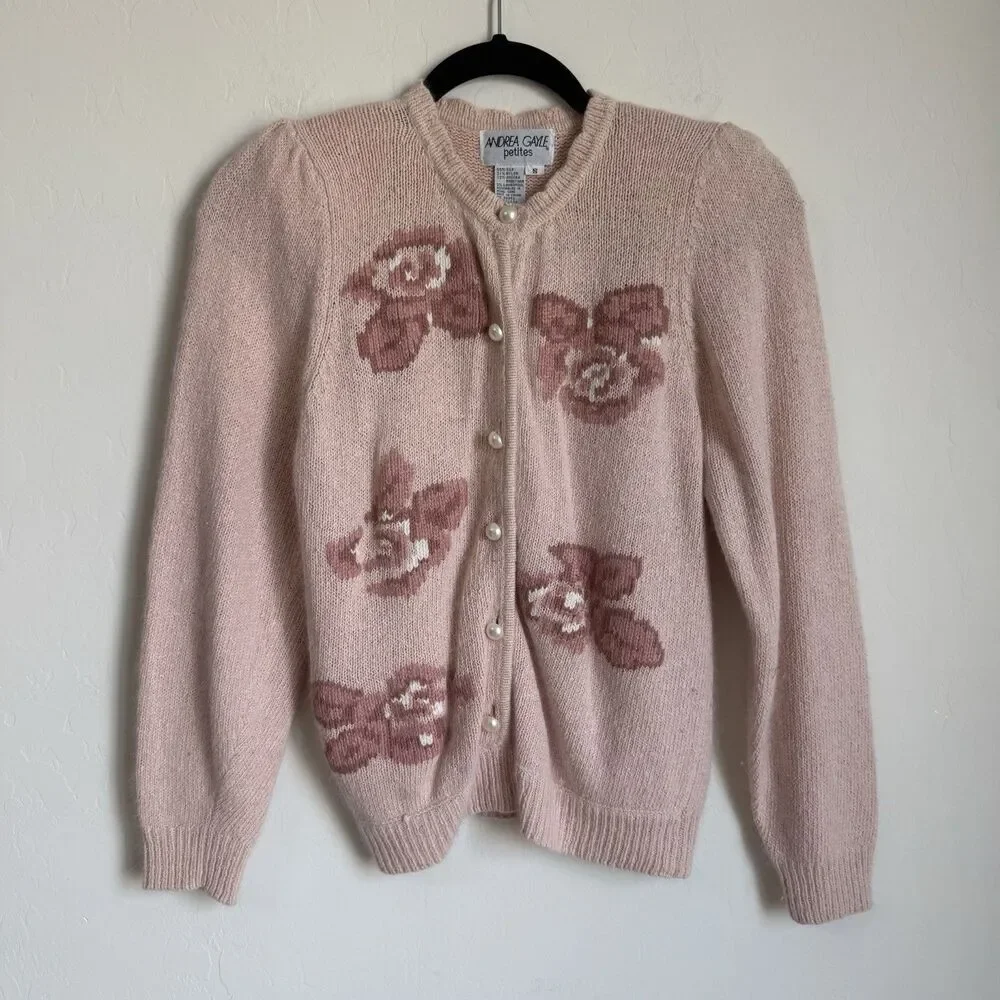 Andrea Gayle Vintage Sm Silk Wool Blend Pink Coquette Pearl Button Up Cardigan